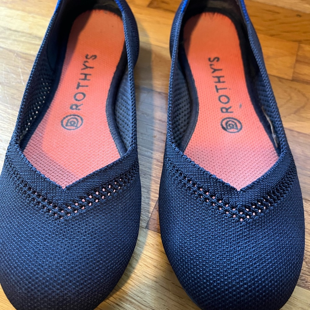 Rothy's Maritime Lattice Stitch Navy Blue Flats with Coral Insole